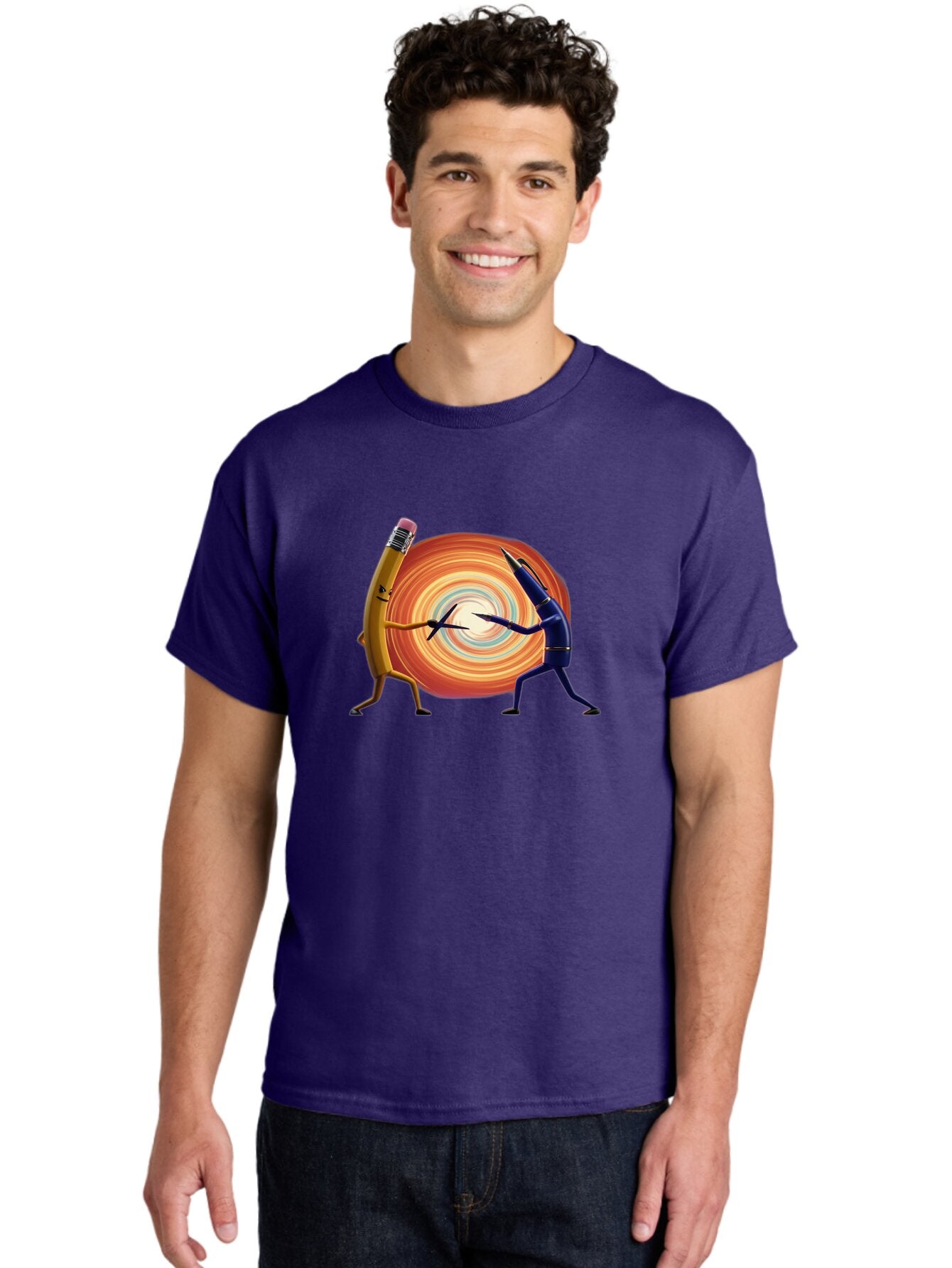 Pencil-Vs-Pen-1 Men'S Graphic Tee, 100% Cotton, Comfortable Casual Summer Wear, Machine Washable, Vintage Camera, Old Camera, Antique Camera, Black Camera, Classic Photography, Photography Equipment, Nostalgic Device, Film Camera, Camera Art Bar252 28