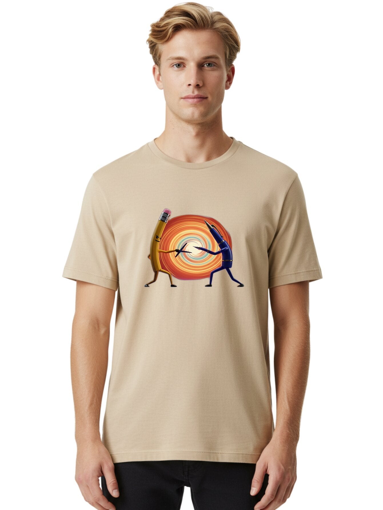 Pencil-Vs-Pen-1 Men'S Graphic Tee, 100% Cotton, Comfortable Casual Summer Wear, Machine Washable, Vintage Camera, Old Camera, Antique Camera, Black Camera, Classic Photography, Photography Equipment, Nostalgic Device, Film Camera, Camera Art Bar252 24