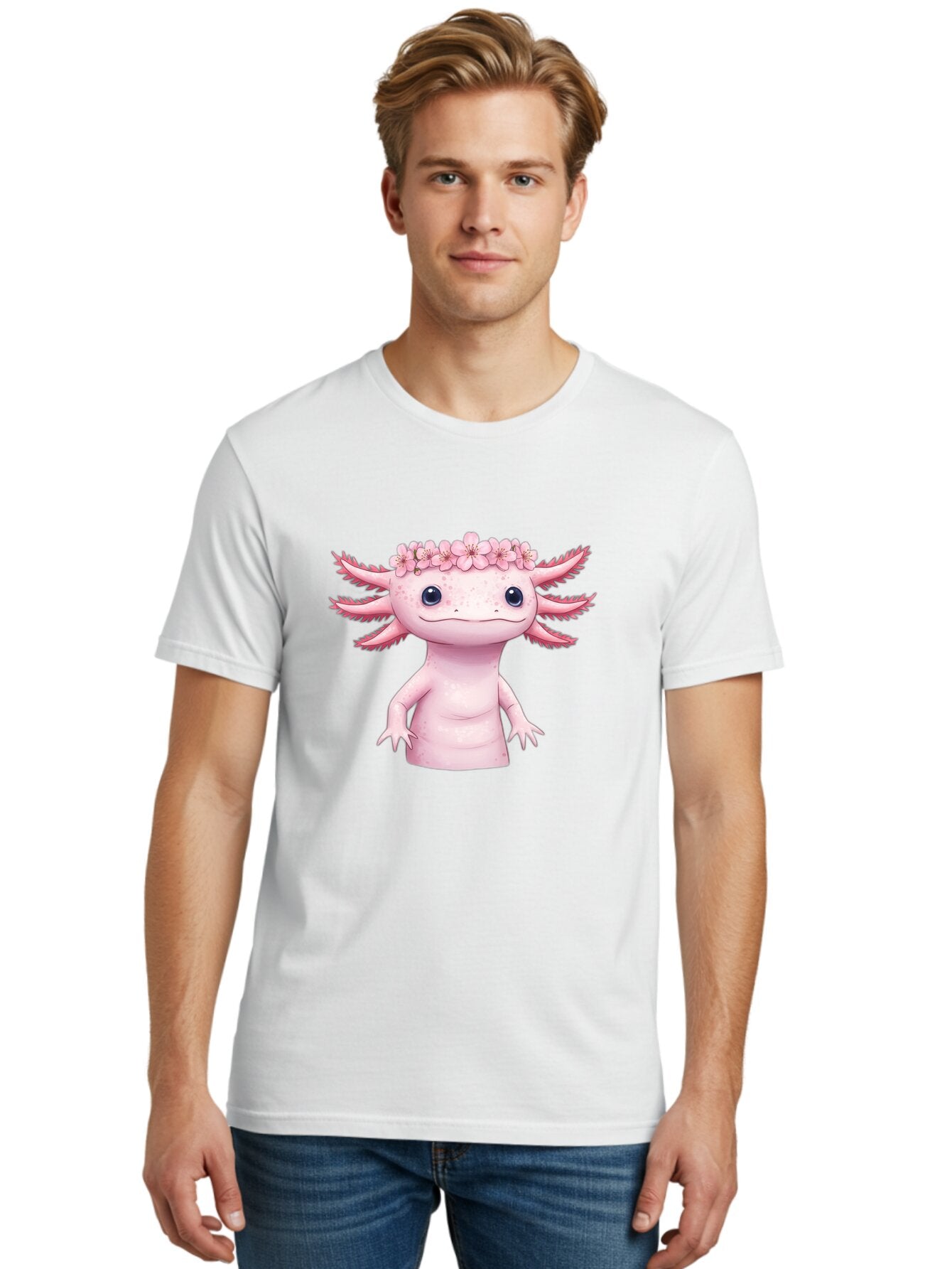 Pink-Axolotl-With-Flowers-Crown Men'S Graphic Tee, 100% Cotton, Comfortable Casual Summer Wear, Machine Washable, Vintage Camera, Old Camera, Antique Camera, Black Camera, Classic Photography, Photography Equipment, Nostalgic Device, Bar279 20