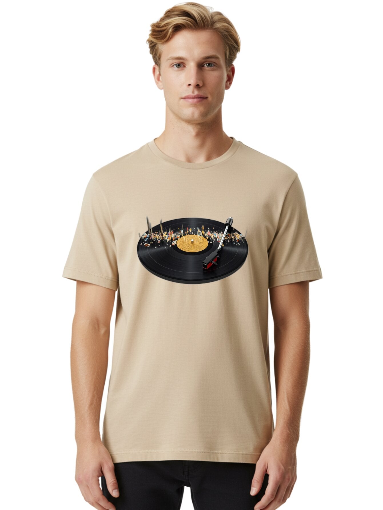 Record-Player-Cityscape Men'S Graphic Tee, 100% Cotton, Comfortable Casual Summer Wear, Machine Washable, Vintage Camera, Old Camera, Antique Camera, Black Camera, Classic Photography, Photography Equipment, Nostalgic Device, Film Camera, Bar362 19