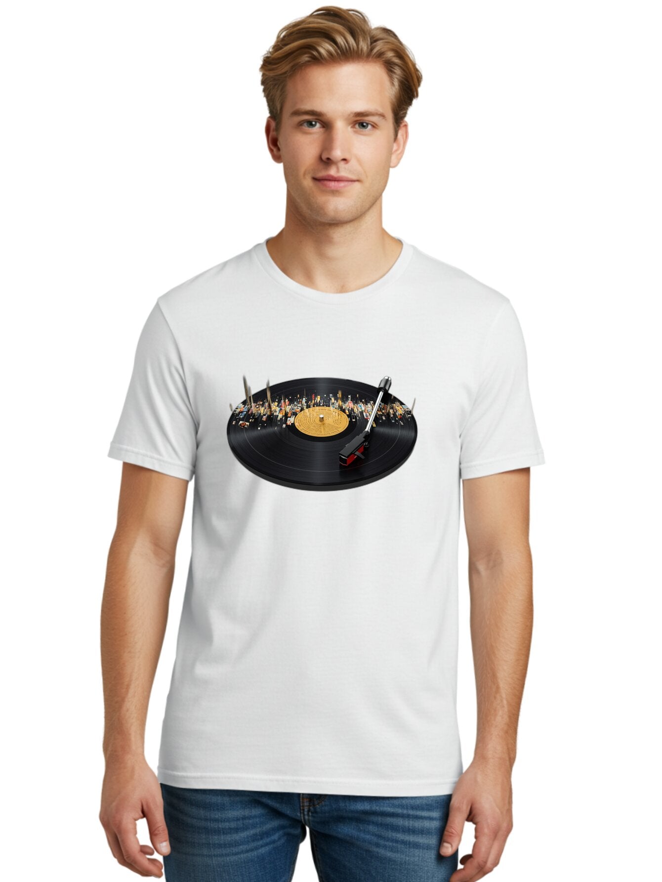 Record-Player-Cityscape Men'S Graphic Tee, 100% Cotton, Comfortable Casual Summer Wear, Machine Washable, Vintage Camera, Old Camera, Antique Camera, Black Camera, Classic Photography, Photography Equipment, Nostalgic Device, Film Camera, Bar362 25