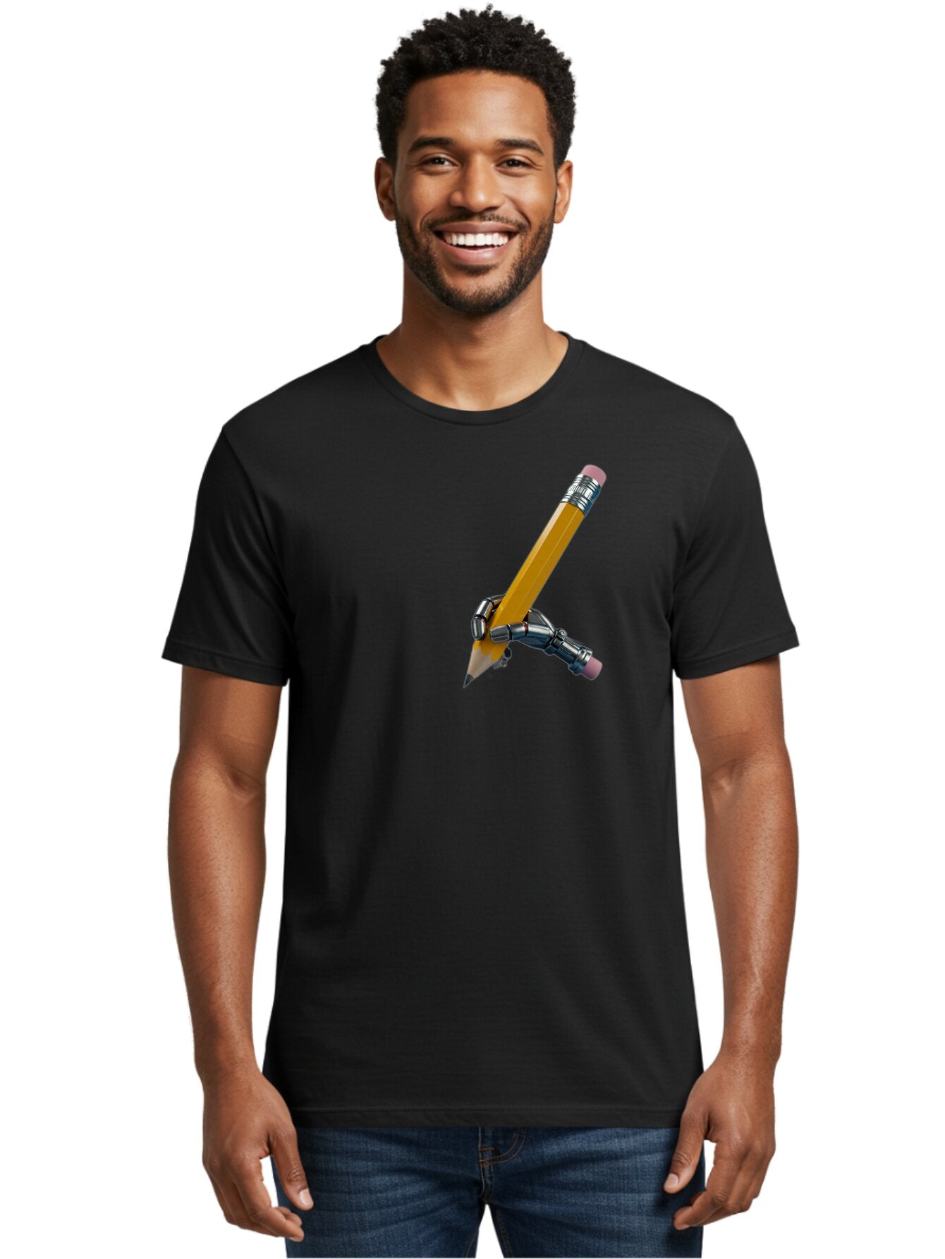 Robot-Hand-Holding-Pencil Men'S Graphic Tee, 100% Cotton, Comfortable Casual Summer Wear, Machine Washable, Vintage Camera, Old Camera, Antique Camera, Black Camera, Classic Photography, Photography Equipment, Nostalgic Device, Film Camera, Bar378 25