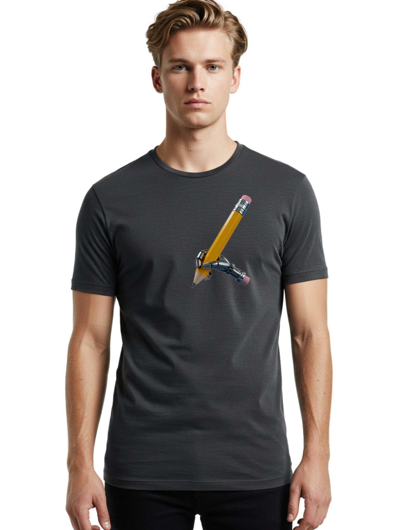 Robot-Hand-Holding-Pencil Men'S Graphic Tee, 100% Cotton, Comfortable Casual Summer Wear, Machine Washable, Vintage Camera, Old Camera, Antique Camera, Black Camera, Classic Photography, Photography Equipment, Nostalgic Device, Film Camera, Bar378 20