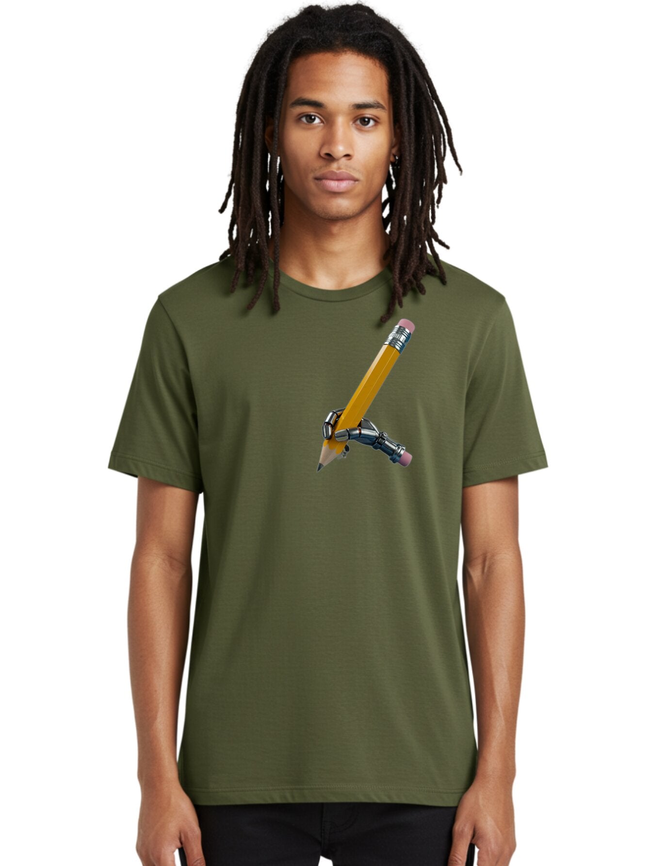 Robot-Hand-Holding-Pencil Men'S Graphic Tee, 100% Cotton, Comfortable Casual Summer Wear, Machine Washable, Vintage Camera, Old Camera, Antique Camera, Black Camera, Classic Photography, Photography Equipment, Nostalgic Device, Film Camera, Bar378 24