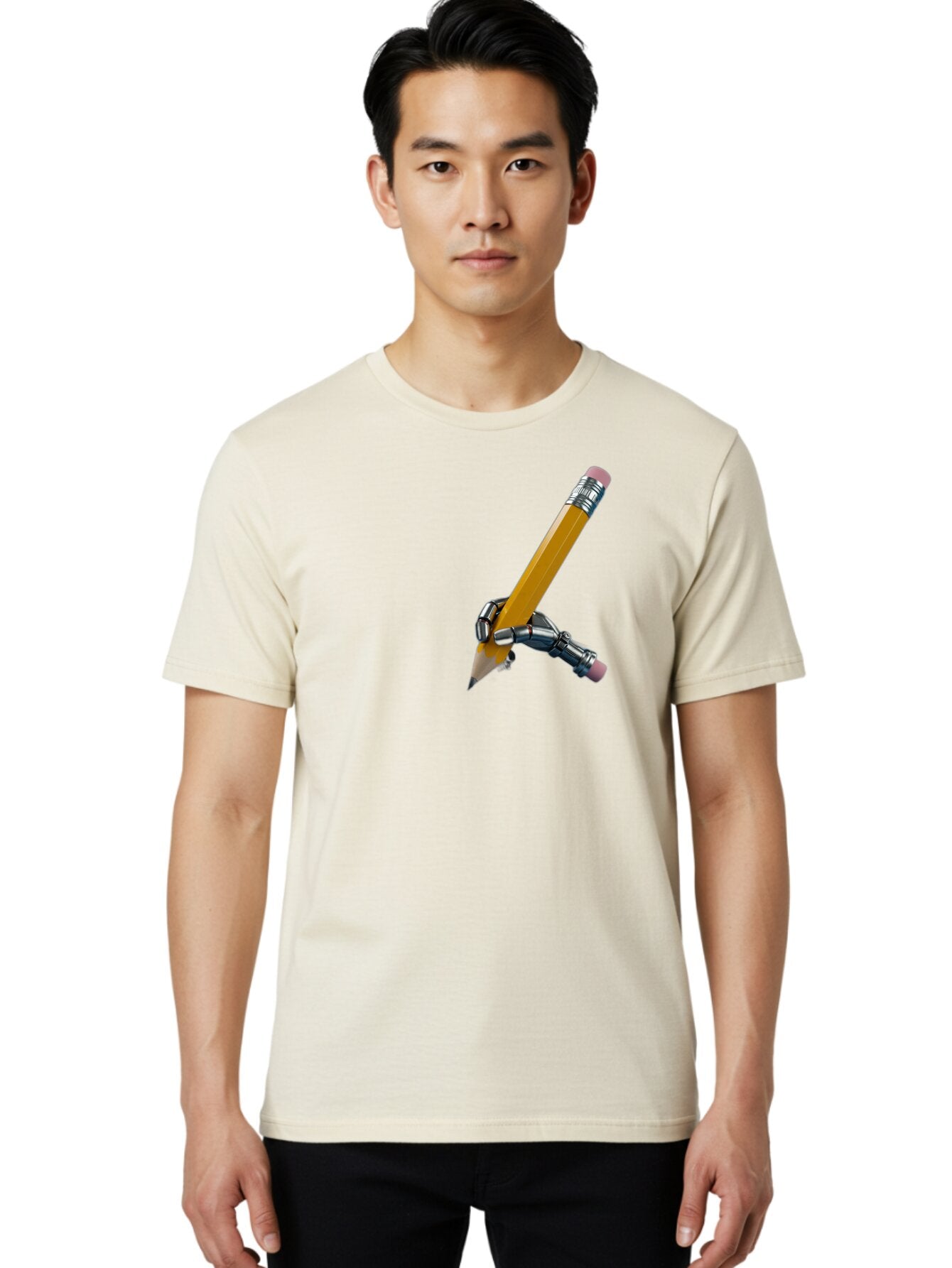 Robot-Hand-Holding-Pencil Men'S Graphic Tee, 100% Cotton, Comfortable Casual Summer Wear, Machine Washable, Vintage Camera, Old Camera, Antique Camera, Black Camera, Classic Photography, Photography Equipment, Nostalgic Device, Film Camera, Bar378 16