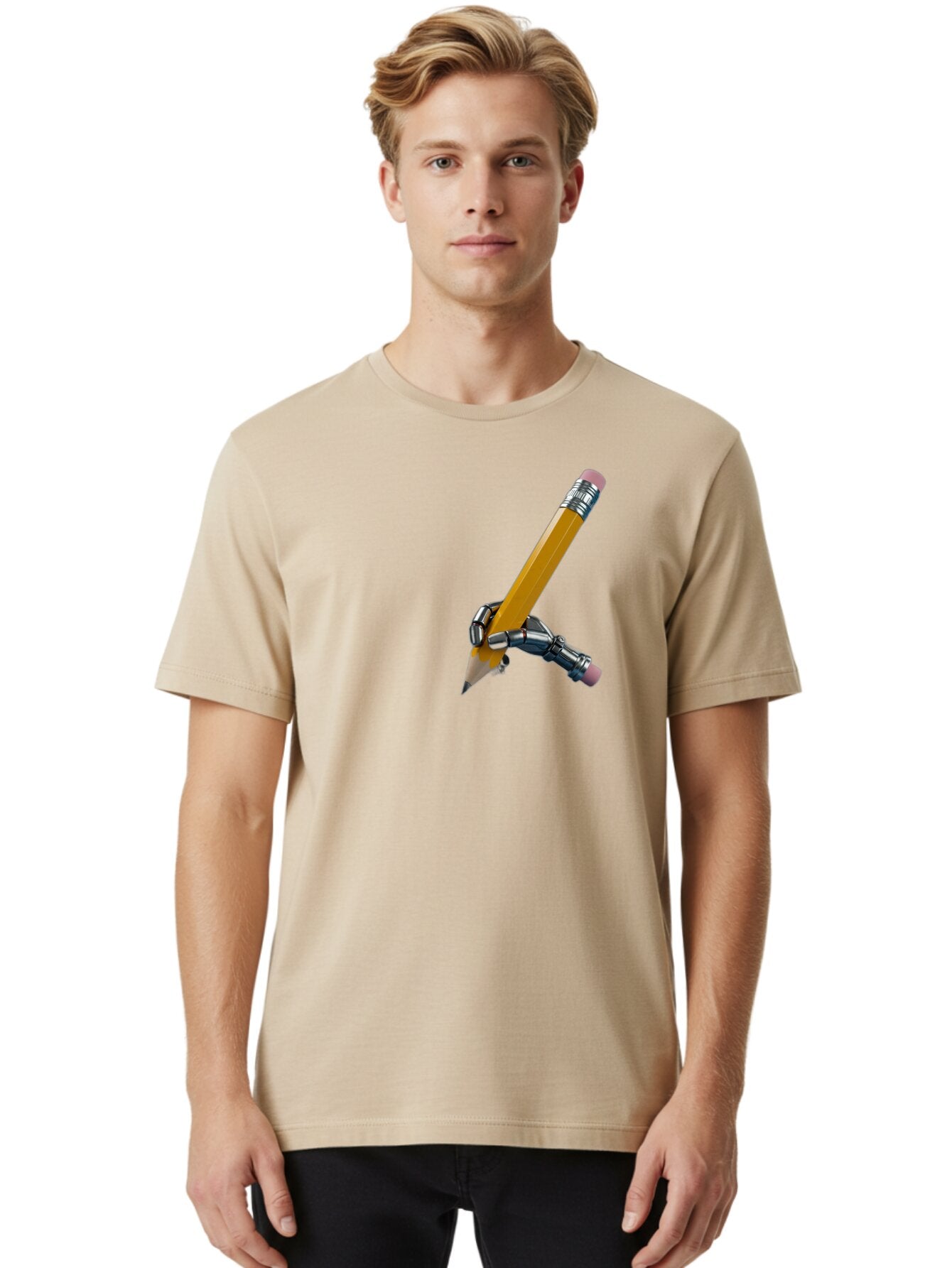 Robot-Hand-Holding-Pencil Men'S Graphic Tee, 100% Cotton, Comfortable Casual Summer Wear, Machine Washable, Vintage Camera, Old Camera, Antique Camera, Black Camera, Classic Photography, Photography Equipment, Nostalgic Device, Film Camera, Bar378 21
